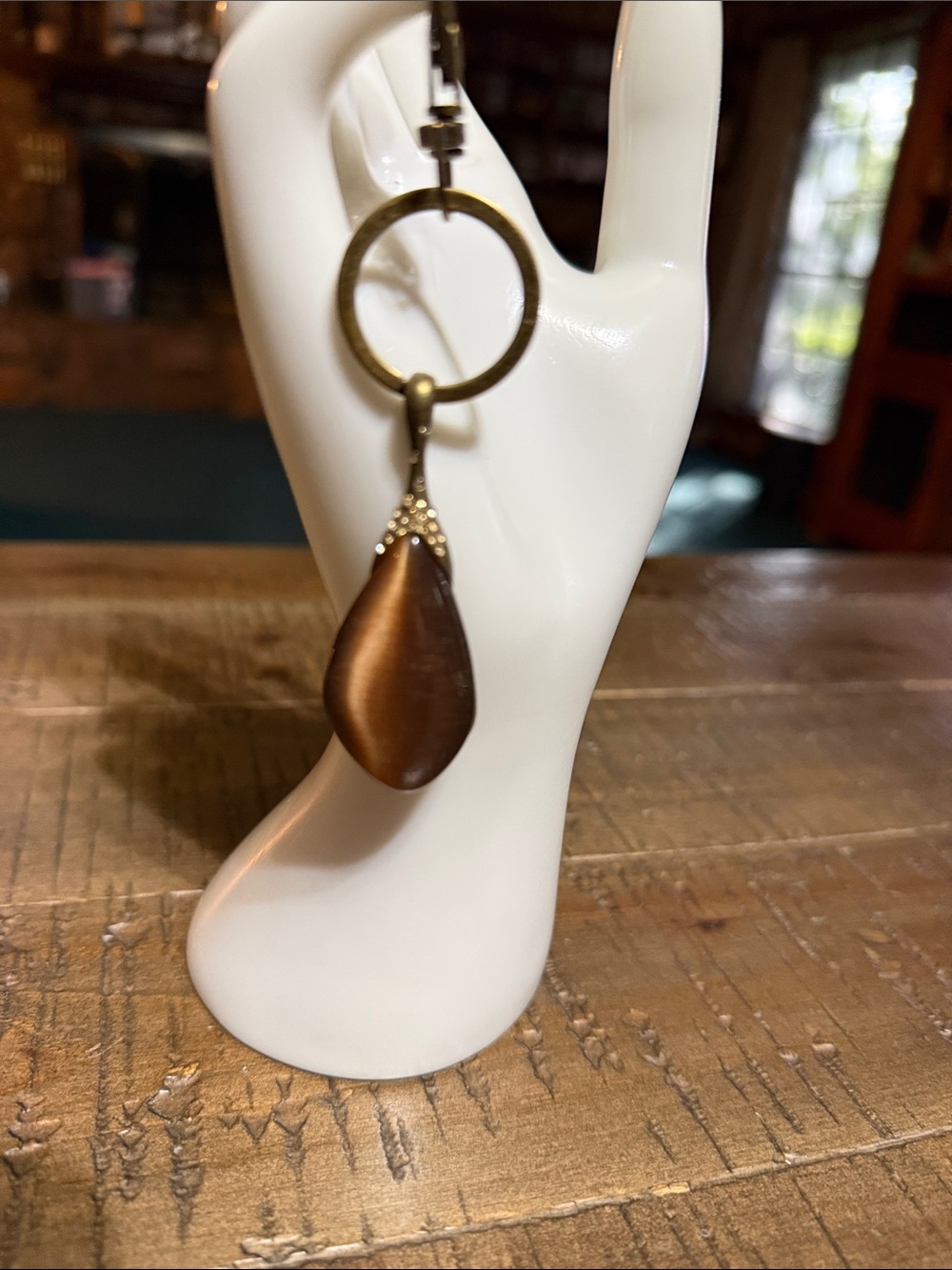 Vintage Brass Keychain with Teardrop Brown
